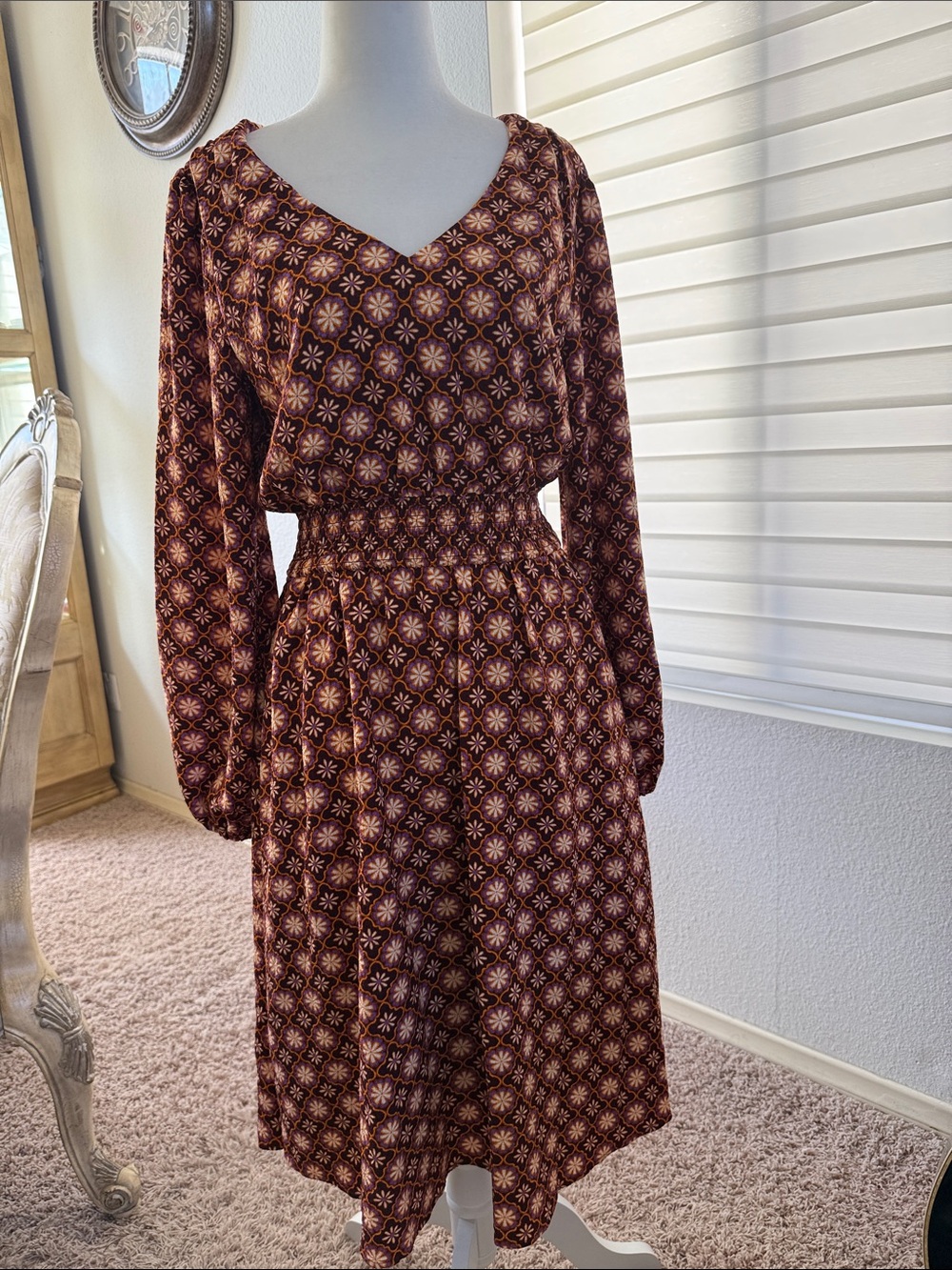 Draper James Burgundy and Cream Geo Floral Long Sleeve Dress. NWOT